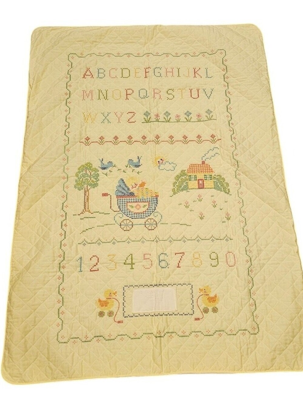 Yellow Baby Crib Hand Embroidered Crib Blanket Bedspread ABC123 Sampler Bucilla